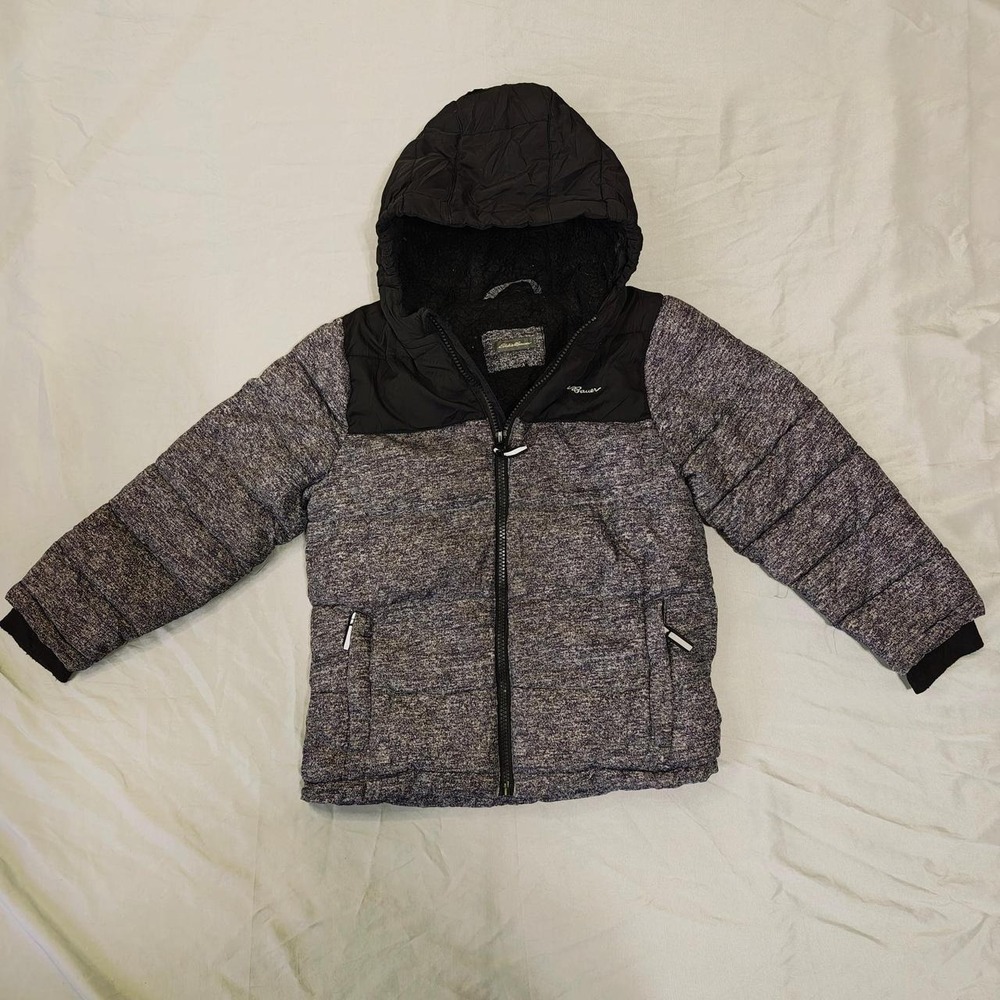Eddie Bauer Mens Grey Black Hooded Puffer Jacket Sherpa Lined E7330W950 Size S